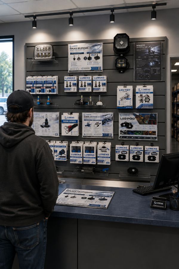 A man stands at a counter inside a retail store, facing a product display wall filled with LUMENS HPL branded product.