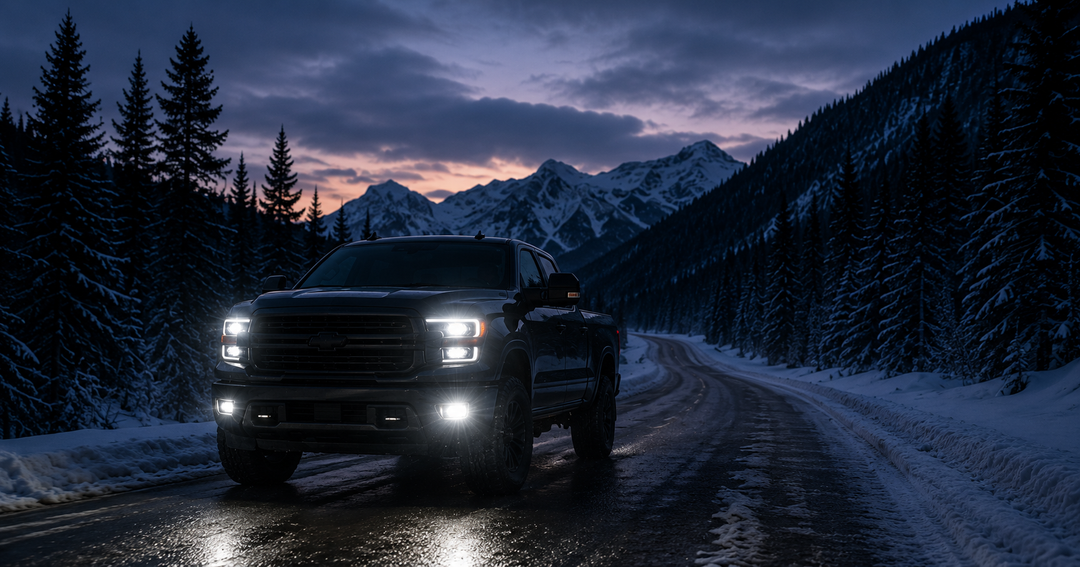 A black pickup truck with bright headlights drives on a snowy mountain road at dusk, with snow-covered trees and peaks in the background.