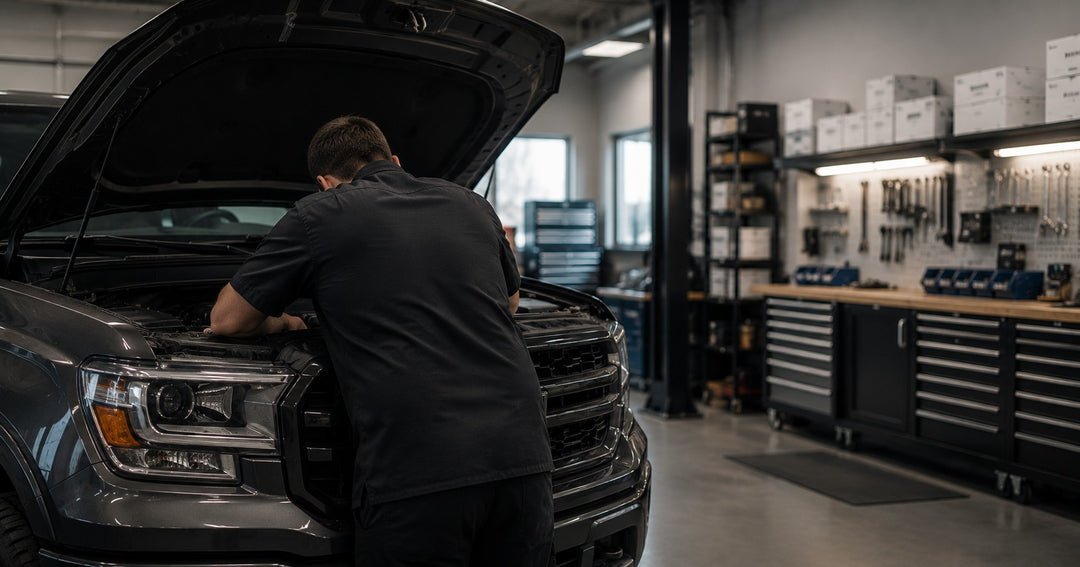 A man in a black shirt leans over the open hood of a dark gray truck in a well-lit auto repair shop with tool cabinets and shelves in the background.