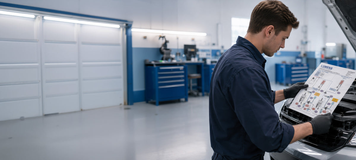 A mechanic looking at a wiring diagram as they work on a vehicle