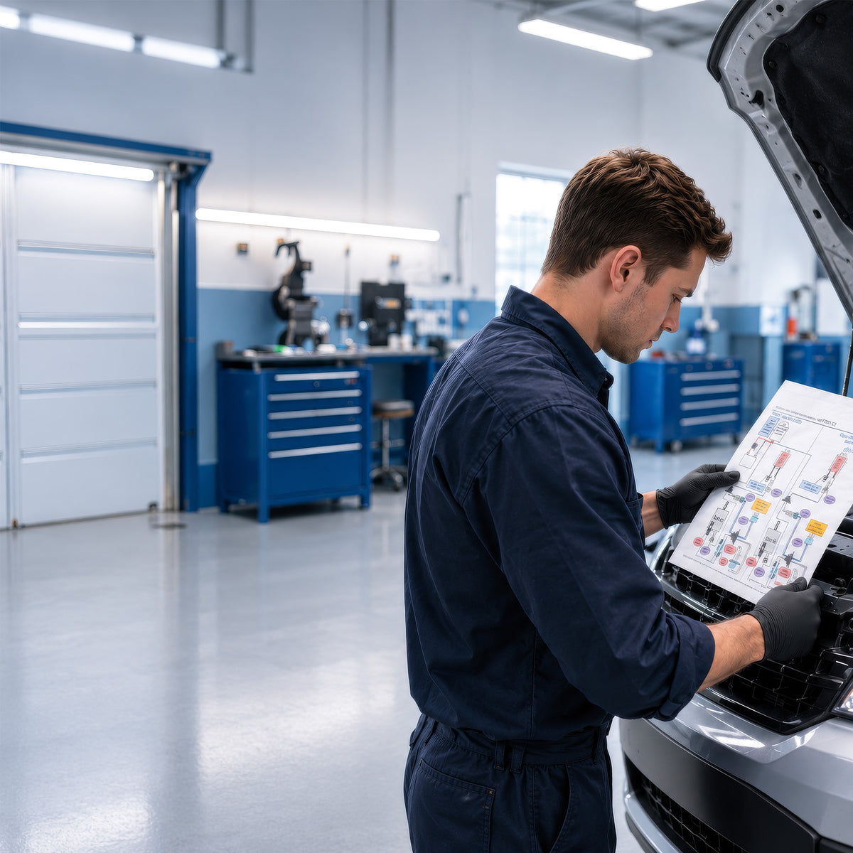 A mechanic looking at a wiring diagram as they work on a vehicle