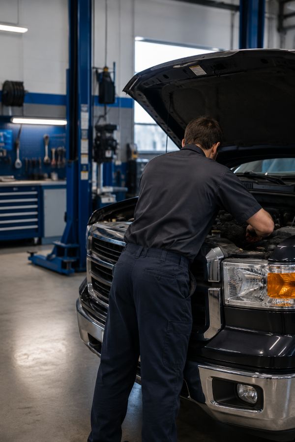 A mechanic in a dark blue uniform installing LUMENS HPL products.