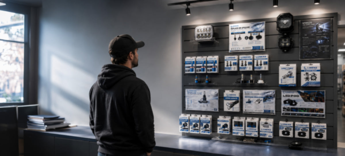 Customer looking at LUMENS HPL display in a store