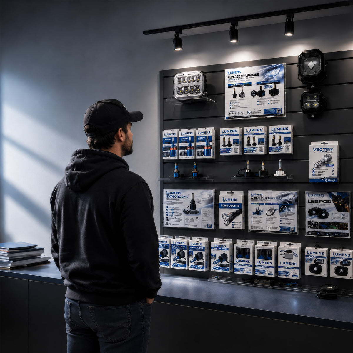 Customer looking at LUMENS HPL display in a store
